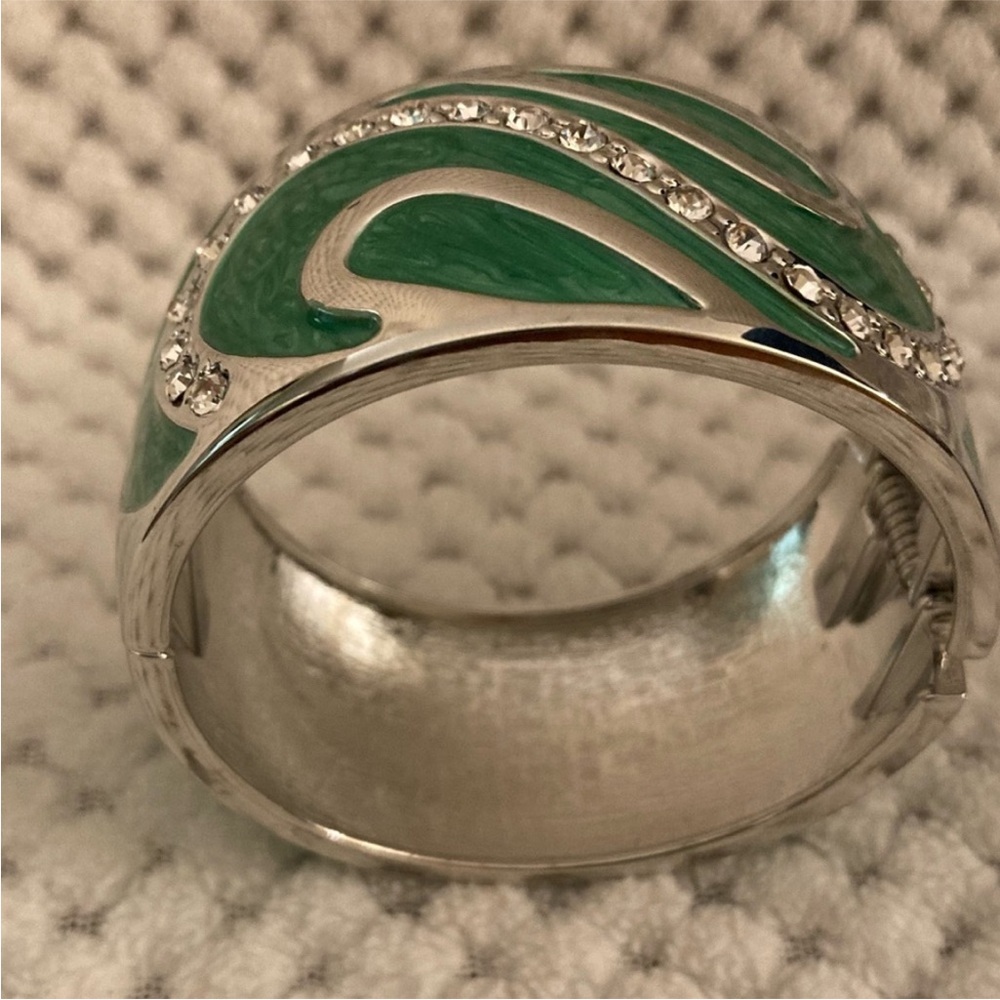Silvertone Green Enameled Bangle Bracelet with White Austrian Crystals - Picture 6 of 12